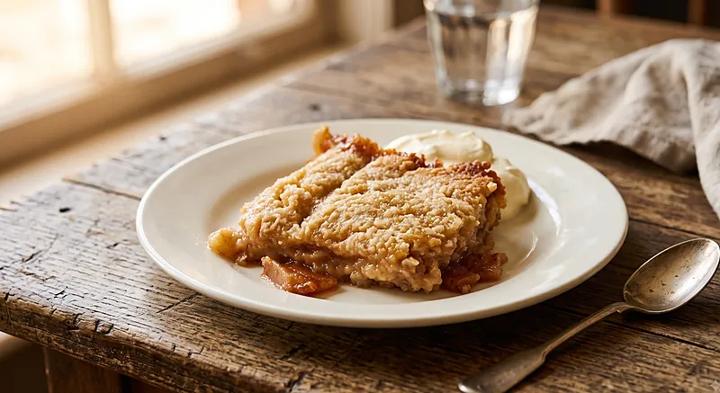 Crumble aux pommes et cannelle encore chaud, boule de glace vanille