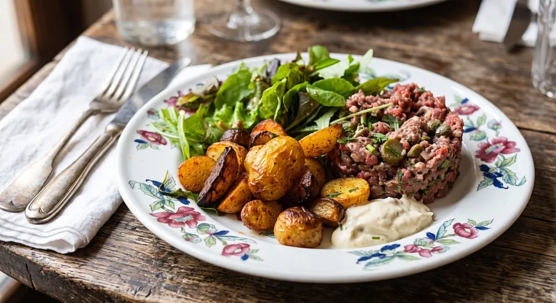 Tartare de bœuf coupé au couteau, jaune d'œuf et pommes grenaille