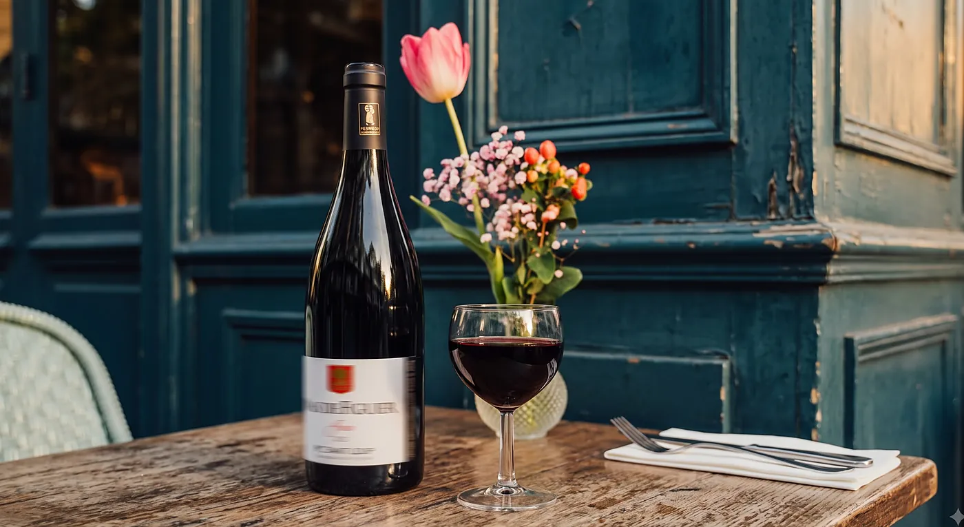 Un verre de vin rouge servi sur une table en marbre, lumière du soir